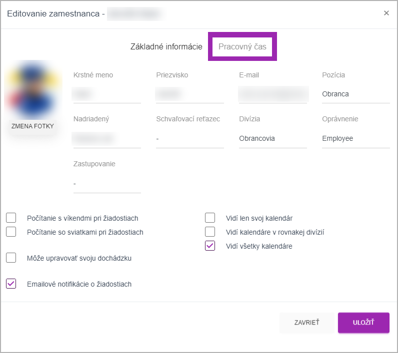 Schedy 6.2.4 – nová záložka Pracovný čas v nastavení zamestnanca