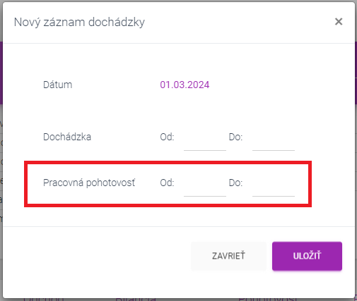 Schedy 6.2.5 – záznam pracovnej pohotovosti v dochádzke